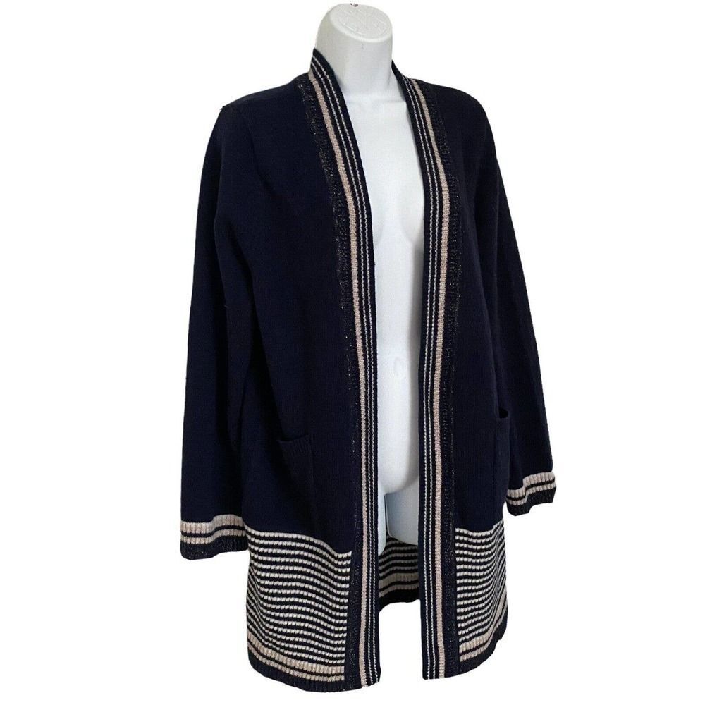 SUNCOO PARIS WOOL OPEN FRONT SWEATER Cardigan Navy Metallic Stripe M Preppy